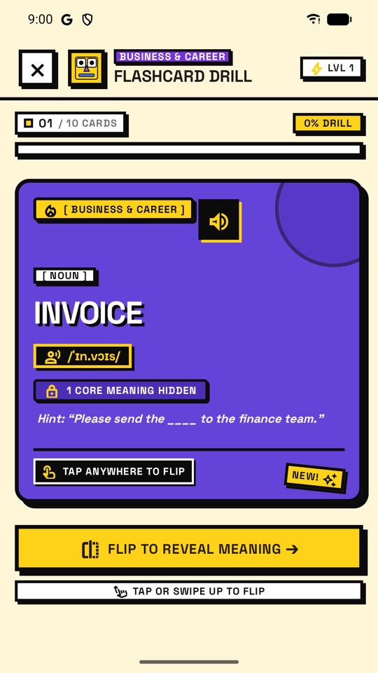WordQuest flashcard review screen