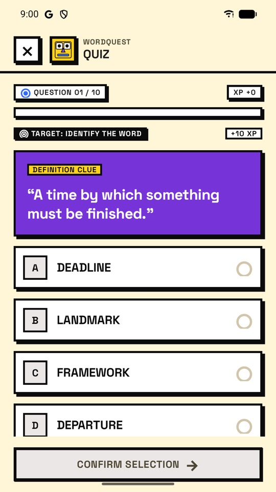 WordQuest quiz screen with multiple-choice answers