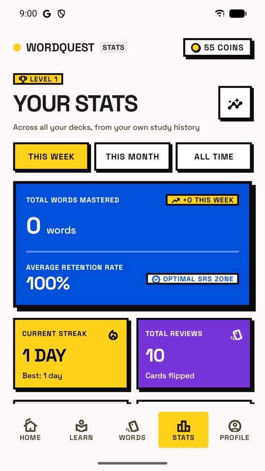 WordQuest statistics screen